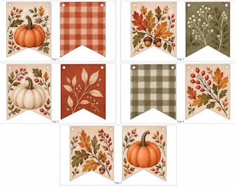 May include: A set of nine pennant flags featuring autumn-themed illustrations including orange and white pumpkins, red berries, acorns, and fall foliage. The designs also include orange and green gingham patterns and white floral sprigs on a green background.