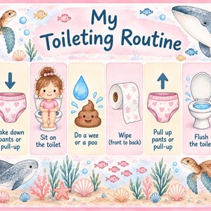 Peut inclure: Une affiche éducative My Toileting Routine illustrée avec des créatures marines et sept étapes pour aller aux toilettes. Le tableau comprend des icônes représentant des toilettes, des sous-vêtements, un enfant, une goutte d'eau, un émoji caca, du papier toilette et le lavage des mains.