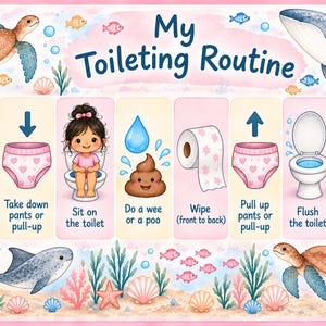 Pode incluir: Um cartaz educativo My Toileting Routine com uma borda de tema marinho com tartarugas, baleias e peixes. Exibe oito passos sequenciais com ilustrações e texto para usar o banheiro, incluindo lavar as mãos com sabão.