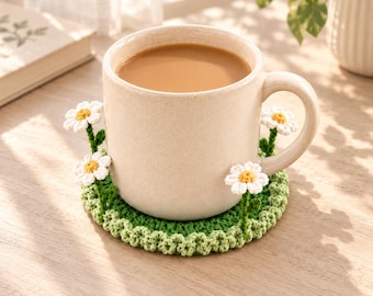 Porta-copos de crochê com flor que aparece de repente, descanso de caneca floral feito à mão, decoração de mesa estilo cottagecore, presente para amantes de café