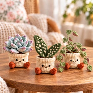 May include: Three crocheted potted plants with smiling faces. The left is a blue and pink succulent, the center has two spotted green leaves, and the right is a trailing vine with heart-shaped leaves. Each cream pot has two small orange feet.