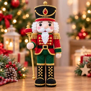 Nutcracker Crochet Pattern PDF, Christmas Nutcracker Soldier Amigurumi, Toy Soldier with Gold Trims & Royal Scepter, Intermediate Level