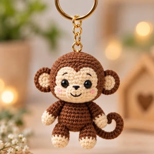May include: A crocheted monkey keychain featuring a dark brown body with a light beige face, ears, hands, and feet. The monkey has black safety eyes, a stitched nose and mouth, and pink blush accents. It is attached to a gold-toned metal ring.