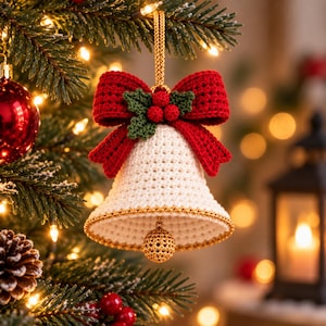 Può includere: Un ornamento a forma di campana all'uncinetto color bianco crema con bordo dorato e battacchio dorato. La campana è sormontata da un grande fiocco rosso all'uncinetto, foglie verdi e tre bacche rosse, appesa con un cordino dorato a un ramo.