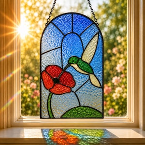 Klaproos bloem glas-in-lood patroon SVG PDF eps png jpg | Kolibrie glaskunst sjabloon | Digitale download doe-het-zelf patroon