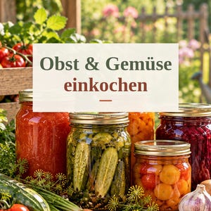 Könnte beinhalten: Mehrere Einmachgläser gefüllt mit konserviertem Obst und Gemüse, darunter Gewürzgurken, Tomaten und Rote Bete, mit Metalldeckeln. Der Text "Obst & Gemüse einkochen" ist mittig überlagert, umgeben von frischen Produkten wie Tomaten, Gurken und Zwiebeln.