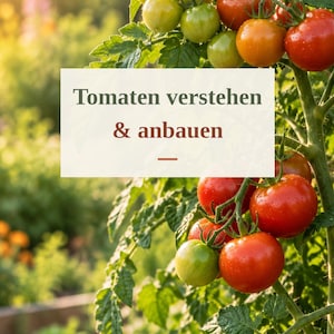 Könnte beinhalten: Eine Tomatenpflanze mit reifenden roten und grünen Tomaten am Strauch, versehen mit einem weißen rechteckigen Textfeld mit der Aufschrift "Tomaten verstehen & anbauen" in dunkelgrüner und roter Schrift.