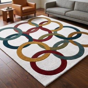 Hand Tufted Wool Rug, Colorful Geometric Ring Rug, Modern Abstract Area Rug, Multicolor Rectangular Living Room Carpet