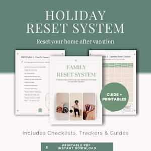 Peut inclure: Un ensemble de documents numériques Holiday Reset System comprenant une page de titre avec le texte Family Reset System, une liste de contrôle imprimable intitulée First 24 Hours et un suivi de lessive. Design vert sauge et blanc.