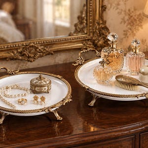 May include: Two round white ceramic vanity trays with ornate gold-toned metal rims, handles, and feet. One tray holds a pearl necklace, a gold ring, earrings, and a small lidded jar. The other holds two glass perfume bottles, a jar, and a hairbrush.