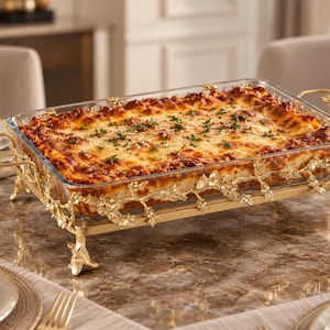 Oven-Safe Glass Baking Dish with Gold-Tone Serving Stand, Rectangular Footed Tray with Handles