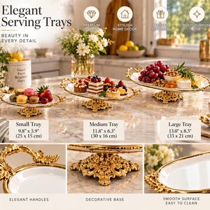 May include: Three oval white serving trays with gold-toned metal handles and decorative bases. The small tray is 25 x 15 cm, the medium is 30 x 16 cm, and the large is 33 x 21 cm. Each tray features a smooth surface and ornate detailing.