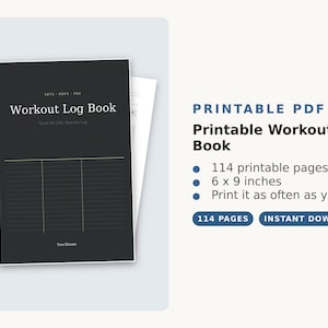 Può includere: Un diario di allenamento nero con testo bianco che recita Workout Log Book, Sets-Reps-Prs, Track the lifts, Beat the log e Yara Dream. Il PDF stampabile ha 114 pagine, misura 15,24 x 22,86 cm e presenta sezioni a righe per monitorare i progressi.