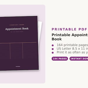 Puede incluir: Un libro de citas imprimible de color morado oscuro con 164 páginas en formato de 21,59 x 27,94 cm. La portada incluye el texto Appointment Book, 15 minute slots, 4 columns y Yaca Dream. El diseño interior presenta líneas horizontales.