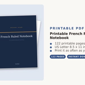 Può includere: Un quaderno PDF stampabile con rigatura Séyès blu scuro da 122 pagine. La copertina riporta il testo French Ruled Notebook, Séyès Ruling e 122 Pages. Il documento è in formato lettera statunitense di 21,59 per 27,94 cm.