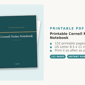 Pode incluir: Um caderno de notas Cornell imprimível em PDF com uma capa verde-azulado escuro e texto branco que diz Cornell Notes Notebook, The Cornell Method, Pre-Ruled, Cue, Notes, Summary. Inclui 152 páginas imprimíveis de 21,59 x 27,94 cm.