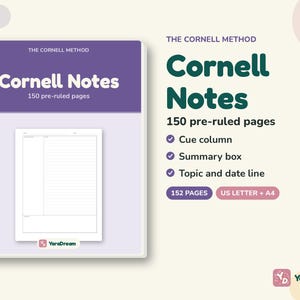 Cornell Notes Paper imprimible, 150 hojas de toma de notas pre-reglamentadas