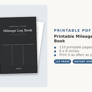 Puede incluir: Un libro de registro de kilometraje imprimible en PDF negro con el texto Business Miles - Tax Ready, Mileage Log Book y columnas para Date, Purpose, Odometer y Total. El documento mide 15,24 x 22,86 cm y contiene 110 páginas imprimibles.