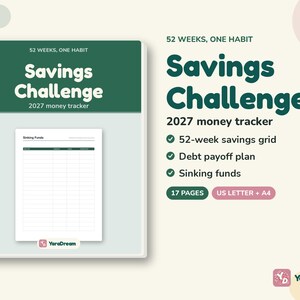 2027 Savings Challenge Tracker Printable, 52 Week Money Grid e fundos de amortização