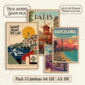 Set of 3 Vintage Travel Posters, Art Deco City Art Prints, Cote Basque Biarritz Poster Set, Custom Travel Gallery Wall, Spain France A4 A3