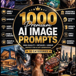 May include: A digital product advertisement titled 1000 Premium AI IMAGE PROMPTS, featuring a central gold circle with text and a crown icon. The layout includes ten categories like Anime, Supercars, and Wildlife, with various illustrative images.