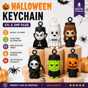 Könnte beinhalten: Ein digitaler Download-Satz mit sechs Halloween-Schlüsselanhänger-Designs für den 3D-Druck. Die Figuren umfassen einen Vampir, einen Geist mit einem BOO-Schild, eine Hexe, einen Sensenmann, ein grünes Monster und eine Figur mit einem Kürbiskopf.