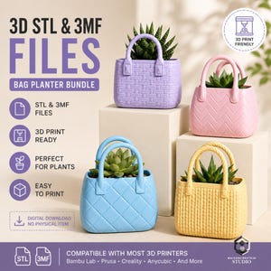 May include: A bundle of four 3D printable bag-shaped planters in lavender, pink, blue, and yellow. Each planter features a unique textured exterior pattern, two handles, and contains a small green succulent plant. Text includes 3D STL & 3MF FILES.