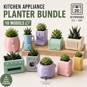 Könnte beinhalten: Ein digitaler Download-Satz mit 10 3D-druckbaren STL- und 3MF-Dateien, die Miniatur-Pflanzgefäße in Form von Küchengeräten wie Heißluftfritteuse, Mixer, Kaffeemaschine, Ofen, Waschmaschine und Toaster zeigen, jeweils mit einer kleinen Sukkulente.