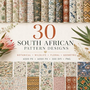 Puede incluir: Una colección digital de 30 diseños de patrones sudafricanos con motivos botánicos, de vida silvestre, florales y geométricos. El conjunto incluye varios archivos PNG de alta resolución de 6000 px por 6000 px a 300 DPI, con muestras.
