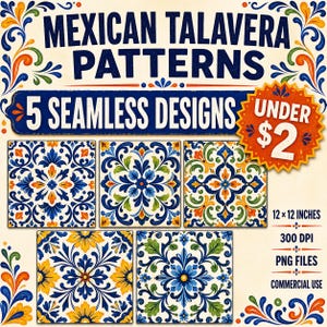 Mexican Talavera Seamless Patterns | 5 Tile PNG Bundle (Digital Download)