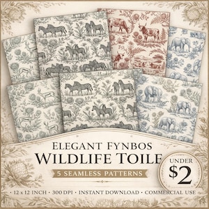 May include: A collection of five seamless digital patterns featuring wildlife toile designs with zebras, elephants, and cattle amidst fynbos flora. The text reads ELEGANT FYNBOS WILDLIFE TOILE, 5 SEAMLESS PATTERNS, 12 x 12 INCH, 300 DPI, INSTANT DOWNLOAD, COMMERCIAL USE, and UNDER $2.