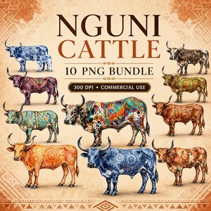 Pode incluir: Um pacote digital de 10 ilustrações de gado Nguni com vários padrões coloridos e intrincados. O texto diz NGUNI CATTLE 10 PNG BUNDLE 300 DPI COMMERCIAL USE. Cada touro é retratado com designs artísticos distintos em tons de azul, laranja e multicoloridos.