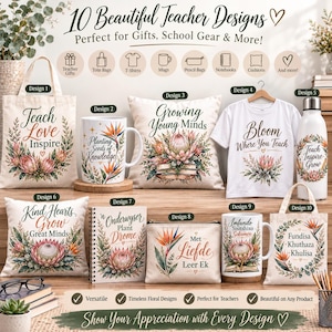 May include: A collection of ten teacher-themed items including tote bags, mugs, cushions, t-shirts, notebooks, and pencil cases. Each item features floral illustrations and text such as Teach Love Inspire, Growing Young Minds, and Bloom Where You Teach.