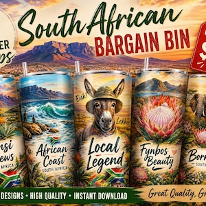 May include: Five cylindrical tumblers featuring South African themes. Designs include Table Mountain, coastal waves, a donkey wearing a hat with the text 'Local Legend', a protea flower labelled 'Fynbos Beauty', and wildlife including an elephant, lion, and zebra.
