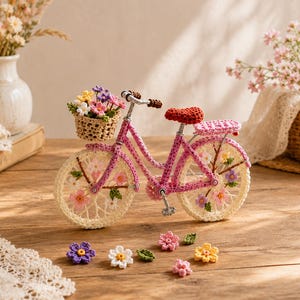 May include: A miniature bicycle crafted from crochet yarn in shades of pink, cream, and brown. The bike features a front basket filled with small crocheted flowers, a red seat, and wheels decorated with floral accents. Loose crocheted flowers lie nearby.