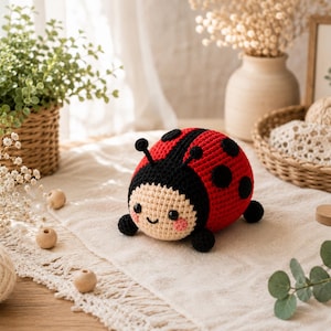 May include: A crocheted ladybug plush toy featuring a bright red back with black spots, a black head, and a beige face. The toy has two small black antennae, two black eyes, a stitched smile, and pink cheeks, with four small black legs.