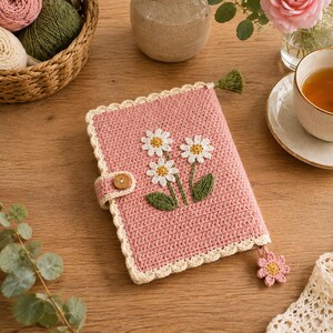 May include: A pink crochet notebook cover featuring three white daisy appliques with yellow centers and green leaves. The cover has a cream-colored scalloped border, a small wooden button closure, and a pink flower charm attached to a green tassel.