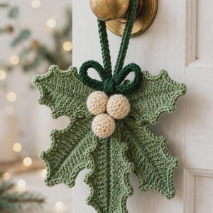 May include: A crocheted holly leaf ornament featuring three cream-colored spherical berries and a dark green bow. The ornament is suspended by a matching green crocheted loop, designed to hang from a circular brass-toned door handle.