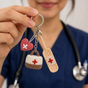 Può includere: Un portachiavi in metallo argentato con tre ciondoli all'uncinetto: un cuore rosa con una croce bianca, una borsa medica bianca e marrone con una croce rossa e un cerotto beige con una croce rossa, fissati a un anello circolare.