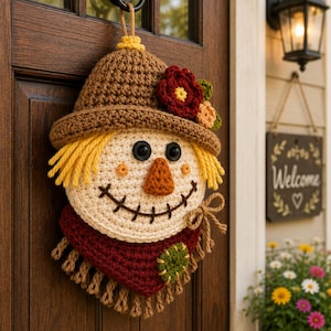 May include: A crochet scarecrow wall hanging featuring a brown hat with red and yellow flowers, yellow yarn hair, black button eyes, an orange triangular nose, a stitched mouth, and a dark red scarf with fringe and a green circular patch.