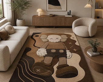 Hand Tufted Wool Rug, KAWS Inspired Character Art, Brown Abstract Street Decor