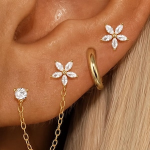 Gold Floral Ear Stack Set: Crystal Chain Studs and Huggie Hoop Earrings