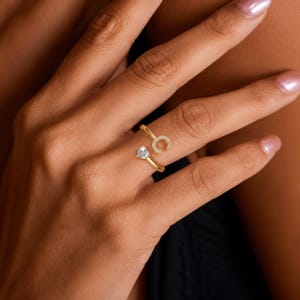 Personalized Gold-Tone Initial Ring with Heart-Cut Crystal, Adjustable Open Letter Ring