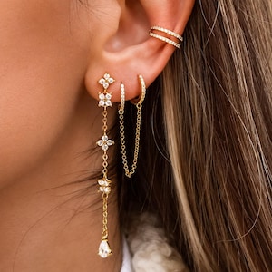 Crystal Hoop Chain Earrings, Gold or Silver Tone Double Huggie Earrings