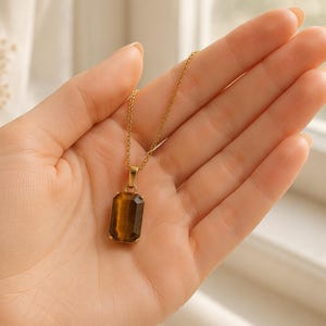 Rectangular Gemstone Pendant Necklace, Gold Chain Minimalist Stone Jewelry