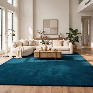 Teal Blue Area Rug, Solid Color Modern Living Room Carpet, Luxury Minimalist Rectangular Rug