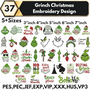 Könnte beinhalten: Eine Sammlung von 37 Grinch-Weihnachtsstickmustern in den Größen 3, 4, 5, 6 und 7 Zoll. Die digitalen Grafiken zeigen verschiedene grüne Grinch-Figuren, Weihnachtsmützen, Zuckerstangen und festliche Schriftzüge wie Welcome to Whoville und Resting Grinch Face.