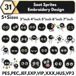 May include: A digital collection of 31 Soot Sprites embroidery designs in 5 sizes ranging from 3 inches to 7 inches. The graphic displays various black fuzzy creatures with white eyes, some holding colorful stars. File formats include PES, PEC, JEF, EXP, VIP, XXX, HUS, and VP3.