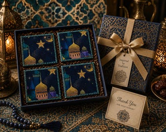 Ensemble de quatre sous-verres en céramique Manarah Minarets, art islamique, décoration arabe, sous-verres artisanaux, décoration intérieure marocaine, signés par l'artiste