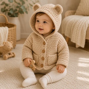 Puede incluir: Una chaqueta de punto de ganchillo en color beige con capucha que presenta dos pequeñas orejas de oso, mangas largas, dos bolsillos delanteros y cuatro botones de madera marrón en el centro. La prenda tiene un patrón de punto texturizado y tono neutro.